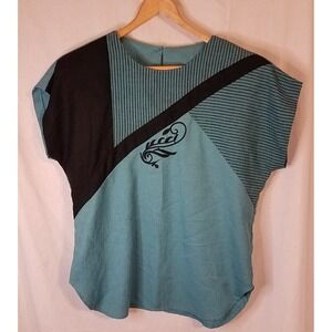 Vintage 90's Turquoise Black City Girl Blouse Top Sz 16 USA Boxy Shoulder Pads